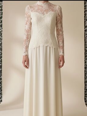 Vtg. Late 80s Drop Waist Lace Top With Pearl beading Ivory Wedding Gown Size 14